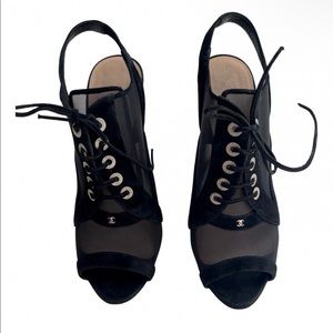 CHANEL CC Black Suede Mesh Lace Up Heels